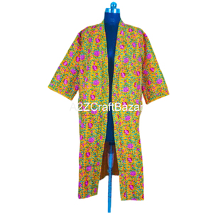 <b>Hippie</b> Bohemian Free Size Cotton Kantha <b>Jackets</b> Floral Printed Reversible Bikini Cover with 2 Pockets and Belt for Summer - Product Image 3