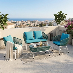 Blue Durable <b>Outdoor</b> Garden Furniture Set White Metal Frame Weaving <b>Rattan</b> <b>Sofa</b> Armchairs Glass Coffee Table Living Room Patio - Product Image 5