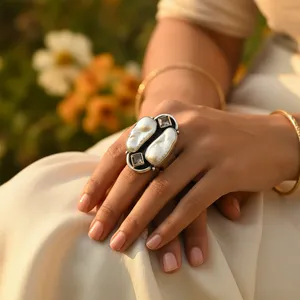 Bague Cocktail Géométrique en Argent 925 avec Perle d'Eau Douce, Incrustation de Pierre Naturelle, Sertissage Clos, Style Bohème, Plaqué Rhodium, Unisexe - Product Image 3