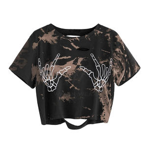 เสื้อยืดผู้หญิงลายกะโหลกนิ้วทำมือใหม่ล่าสุดระบายอากาศได้ดีเสื้อครอปแขนสั้นมีรอยขาด - Product Image 1
