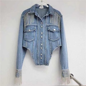 แจ็กเก็ตยีนส์สำหรับผู้หญิงแจ็กเก็ตยีนส์สั้นพิมพ์ลายเพชรเสื้อผ้าแฟชั่นฤดูหนาว - Product Image 1