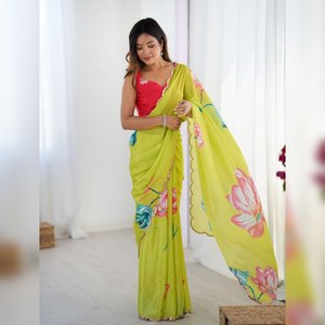 Saris de fête traditionnels en gros Zain Exports - Chiffon lourd imprimé numériquement, coupe classique, séchage rapide, toutes saisons, en stock pour femmes - Product Image 1