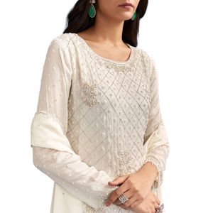 Abito bianco Chinon Sharara con paillettes e taglio Dana ricamo dettagli per le donne indiano festa di nozze abbigliamento Outfit - Product Image 2