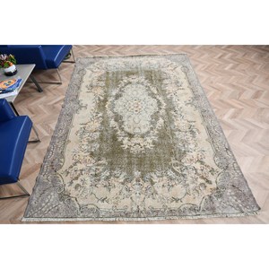 พรมขนาด 6.4x9.3 ฟุต, พรมวินเทจตุรกี, พรมขนสัตว์ลายจุดสีเทาเขียว - Product Image 5