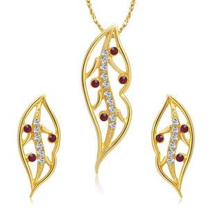 Kriaa Fine Jewelry <b>Set</b> Red Austrian Stone Leaf Pendant with <b>Gold</b> Plating 1202015 Model - Product Image 1