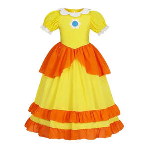 Robe de princesse Rosalina Peach Daisy pour enfants, robe de bal formelle en satin, col rond, motif brodé, paillettes, rubans, perles - Product Image 5