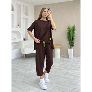Ensemble deux pièces pour femme, chemisier à manches courtes et col rond en viscose à deux fils et pantalon, 37758 - Café - Product Image 4