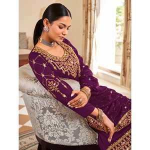 Precioso Traje Salwar Bordado en Vichitra Morado, Traje de Fiesta para Mujer - Product Image 4