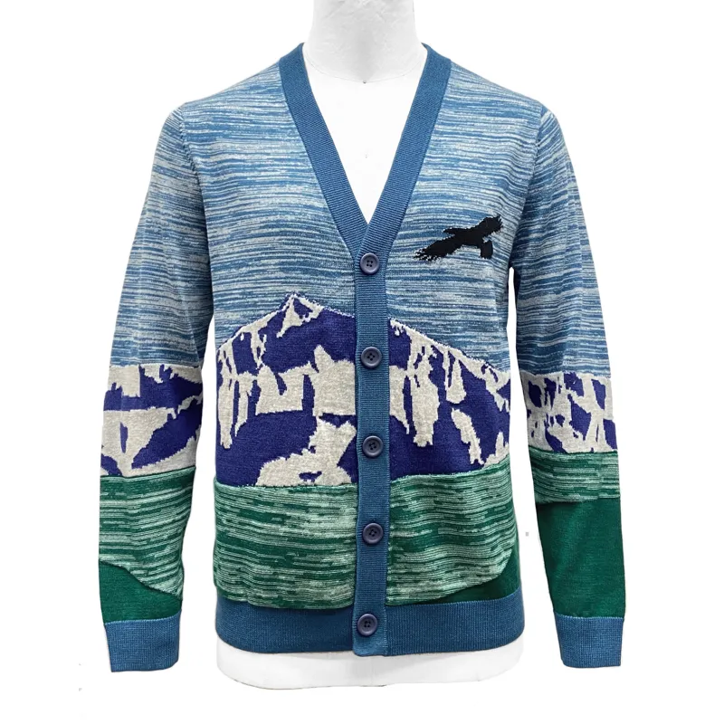 FW23 Men's Custom Premium Merino Wool Silk Print Long sleeve Cardigan Sweater Coat