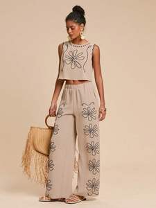 Ensemble de vêtements d'été en coton pur pour femmes, décontracté, uni, à manches courtes, long, 2 pièces, pour l'exportation en gros - Product Image 4