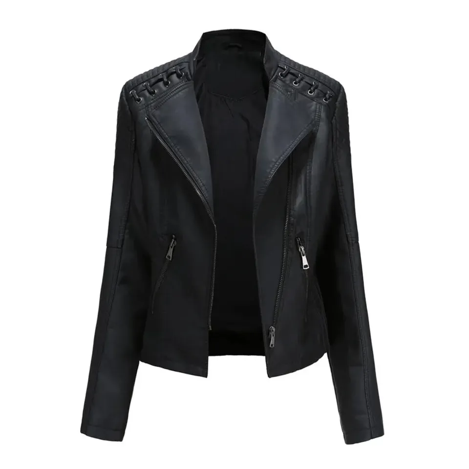 Zipper Stand Collar Slim Jacket Women's Clothing Fashion Leather Jacket Women Jackets