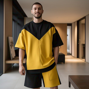 Camiseta de gran tamaño, pantalones cortos, conjunto de dos piezas para hombre, conjunto de pantalones cortos para correr con hombros caídos, conjunto corto de algodón y poliéster 100% de peso medio para hombre - Product Image 1