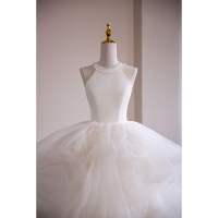 Robe de mariée col rond dos nu en tulle avec nœud, jupe bouffante drapée en satin, grande taille, fleurs personnalisées, vente en gros