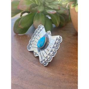 Rick Enriquez Kingman Turquoise & Sterling <b>Silver</b> <b>Statement</b> <b>Ring</b> Bezel Set with Marquise Cut Diamond Size 7.5 Everyday Wear - Product Image 4