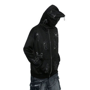 Sudadera con Capucha Negra de Corte Regular con Pedrería para Hombre, Chaqueta Urbana con Cremallera, Diseño de Líneas de Cristal, Cremallera Completa, Estilo Gótico Y2K, 100% Algodón, Invierno - Product Image 2