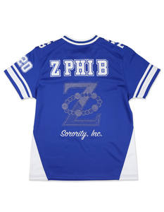 Zeta Phi Beta noir maillot de football bleu royal 100% polyester brodé bouclier avant dos manches col en V col rayé - Product Image 2