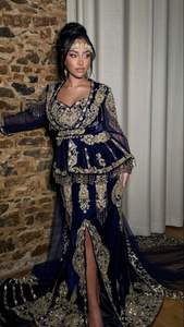 2025 @ Veste bleu marine pour femmes algériennes traditionnelles-Robe Badroune avec perles de verre en cristal ornées, pierre, perle, travail Dabka - Product Image 3