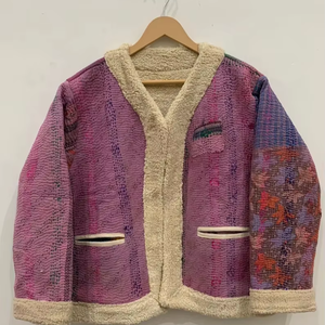 Purple Kantha <b>Faux</b> <b>Fur</b> Jacket Short Waistcoat Handmade Buttons Soft Coat Winter Wear Jacket Coat Floral Women's Coat - Product Image 1