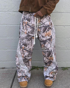 Pantalon de survêtement unisexe en coton épais et respirant, coupe large évasée, motif camouflage arboricole, avec bande latérale, style streetwear ample - Product Image 5