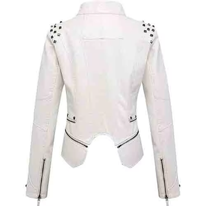 Chaqueta de Cuero Corta de Motociclista con Remaches para Mujer, Talla Grande, Chaqueta de Cuero Genuino de Manga Larga - Product Image 6
