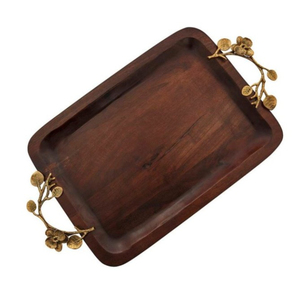 Plateau de service en bois de manguier artisanal avec poignées en laiton antique en forme de fleurs, rectangulaire, brun foncé, plateau décoratif pour la décoration de la maison - Product Image 1