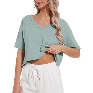 Top corto con cuello en V para mujer de calidad superior, ligero y duradero, 100% algodón para ropa informal de verano - Product Image 3