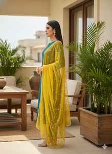 Conjunto de Kurta Larga Recta Verde Azulado para Mujer con Pantalón y Dupatta de Red Sólida, Elegante Traje Étnico Festivo Indio/Pakistaní - Product Image 2