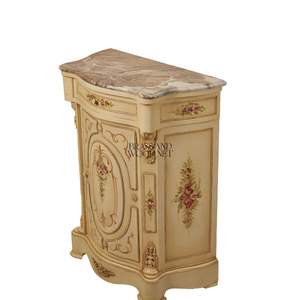 Meuble à chaussures de luxe de style français en crème avec dessus en marbre orné, art floral peint à la main et accents dorés pour entrée de palais - Product Image 4