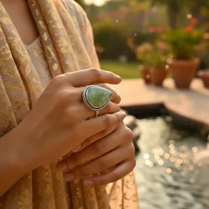 Bohemian Teardrop <b>Jade</b> Cocktail <b>Ring</b> 925 Silver Plated Natural Stone Unisex Daily Wear - Product Image 2