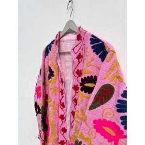 Handmade Reversible Suzani Embroidered Floral Breathable Woven Stand Collar Ladies Boho <b>Kantha</b> Quilt Hooded Cotton Spring <b>Jacket</b> - Product Image 2
