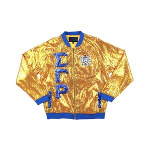 Sigma Gamma Rho SGRho giacca di paillettes oro blu lettere greche ricamate stremo confraternita Bomber stile di vita greco - Product Image 1