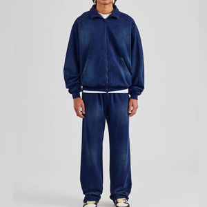 Ensemble survêtement pour homme en coton 100% avec impression en relief lourde, fermeture éclair et pantalon de jogging évasé, lavage à l'acide - Product Image 1