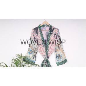 Anokhi เสื้อคลุมผ้าฝ้ายโบราณบล็อกดอกไม้พิมพ์นุ่มสบายสั้นกิโมโนเหมาะสําหรับสวมใส่หน้าแรกสวมใส่ชายหาด,ผู้หญิง - Product Image 5