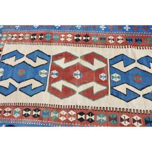 Alfombra turca Kilim de 4,6X6,3 pies, Alfombra de lana de tejido plano Beige azul para sala de estar, patrón de pasillo rectangular, pila de felpa de látex - Product Image 5