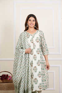 Womens Cotton Cambric Floral Print Straight Kurta Pant Dupatta Set Calf Length V Neck Lace Potli Button Detail Multi Color - Product Image 4