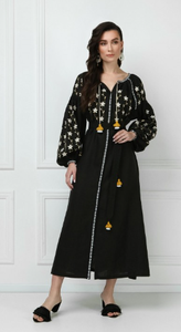 Robe à manches longues et col en v pour femme, robe à franges de style oriental avec broderie étoilée - Product Image 3