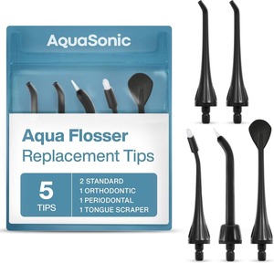 AquaSonic Aqua Flosser Replacement Tips - 5 Tips, 4 Types: Standard, Periodontal, Orthodontic & Tongue Scraper (Black) - Product Image 1