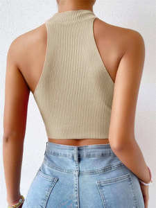 Mujeres sin mangas de punto acanalado cuello Halter crop top verano casual slim fit moda camiseta sin mangas - Product Image 4