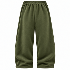 Men's Olive Green Wide Leg Fleece Sweatpants Heavyweight Casual <b>Trousers</b> <b>With</b> <b>Elastic</b> <b>Waist</b> Drawstring - Product Image 2