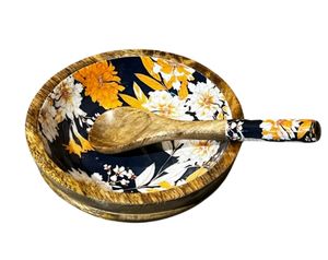 Cuenco floral de madera de mango, ensaladeras de madera decorativas hechas a mano con utensilios para servir, accesorio de comedor de madera - Product Image 1