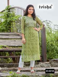 Nuevo trabajo impreso de lujo de alta calidad Evergreen Georgette seda Kurtis túnicas doble capa volante cuello patrón de talla grande disponible - Product Image 4