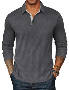 Chemise de golf pour homme en tissu dobby polyester léger, à manches longues, boutonnée, unie, de haute qualité, pour l'automne et l'hiver - Product Image 1
