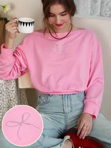 Sudadera rosa claro con lazo de diamantes de imitación para mujer, jersey con hombros descubiertos, recortado, manga larga, algodón suave, Polar, estilo callejero Y2K - Product Image 3