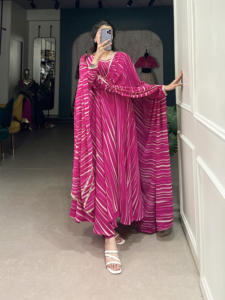 Robe georgette attrayante avec bordure en dentelle motif Leheriya Dupatta et doublure en coton ensemble en gros pour mariage et utilisation festive - Product Image 5