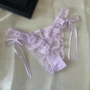 LG11 Romantic Pastel <b>Pink</b> Sheer <b>Lace</b> and Satin Ribbon Tie Womens Lingerie Panties with Ruffle Trim and Delicate Floral Detailing - Product Image 3
