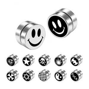 stainless steel Dumbbell Men Hip Hop Punk Black grid Smiling Face <strong>Magnetic</strong> Stud EarRings no ear <strong>piercings</strong> - Product Image 1