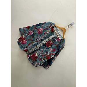 Hand Block-Printed <b>Quilted</b> Cotton <b>Jacket</b> with Coconut Shell Buttons and Three Quarter Sleeve Teal Garden Design for Spring - Product Image 4