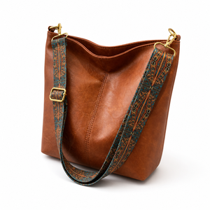 PU Leather Bucket Bag with Woven Strap <b>Soft</b> Bohemian Shoulder <b>Handbag</b> for Women - Product Image 1