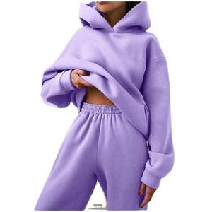 Nuevo conjunto de 2 piezas de alta calidad para mujer, sudaderas con capucha cálidas de lana sólida, chándal de gran tamaño a la moda de otoño e invierno - Product Image 1