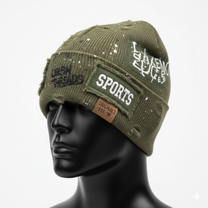 Gorro de Punto de Alta Calidad de 300 GSM, Color Verde Militar, Estilo Desgastado, con Logotipo Personalizado Bordado, Insignia, Gorro de Jacquard - Product Image 4